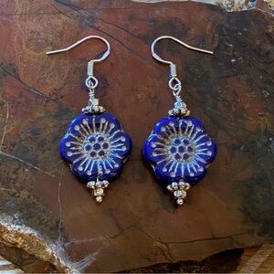New Beautiful Cobalt Blue With Silver Wash Czech Glass Flower Earrings